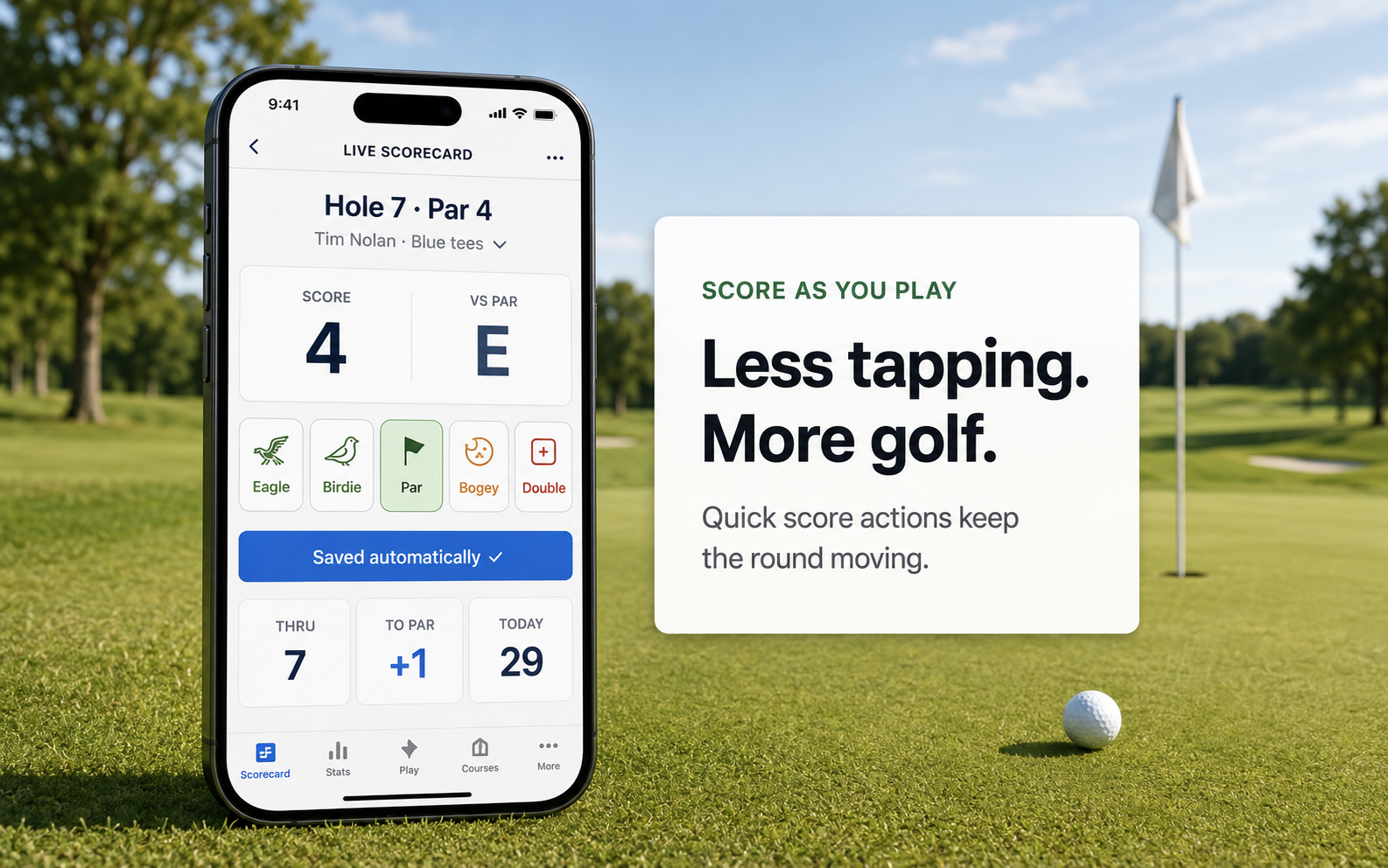 Game Action 360 Golf Scorekeeper showing quick hole scoring on a mobile phone