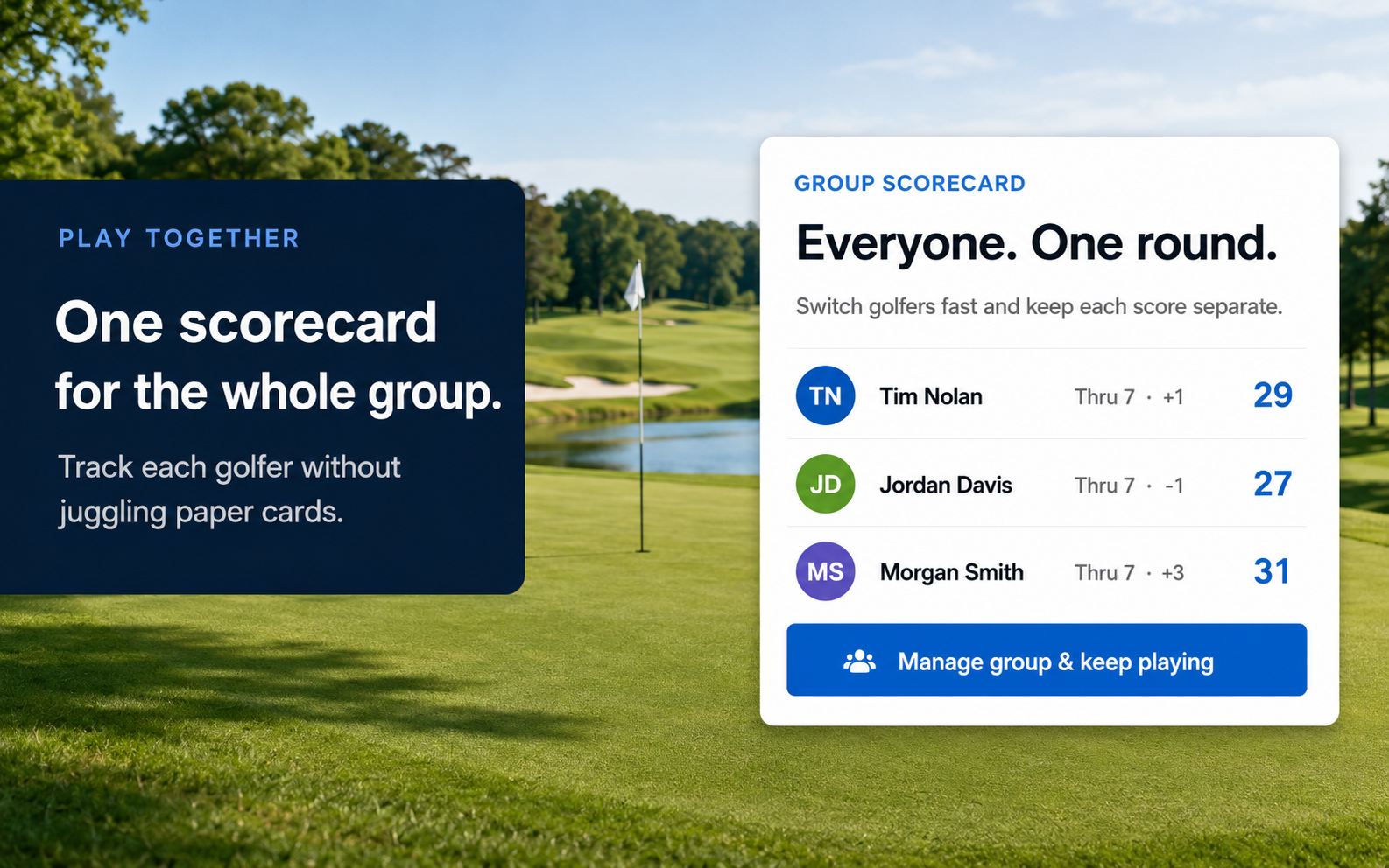 Game Action 360 Golf group scorecard showing multiple golfers in one round