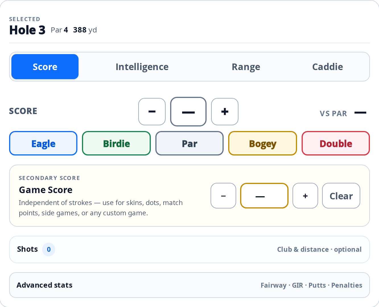 Game Action 360 Golf Scorekeeper showing current quick-score buttons and stroke entry with sample data