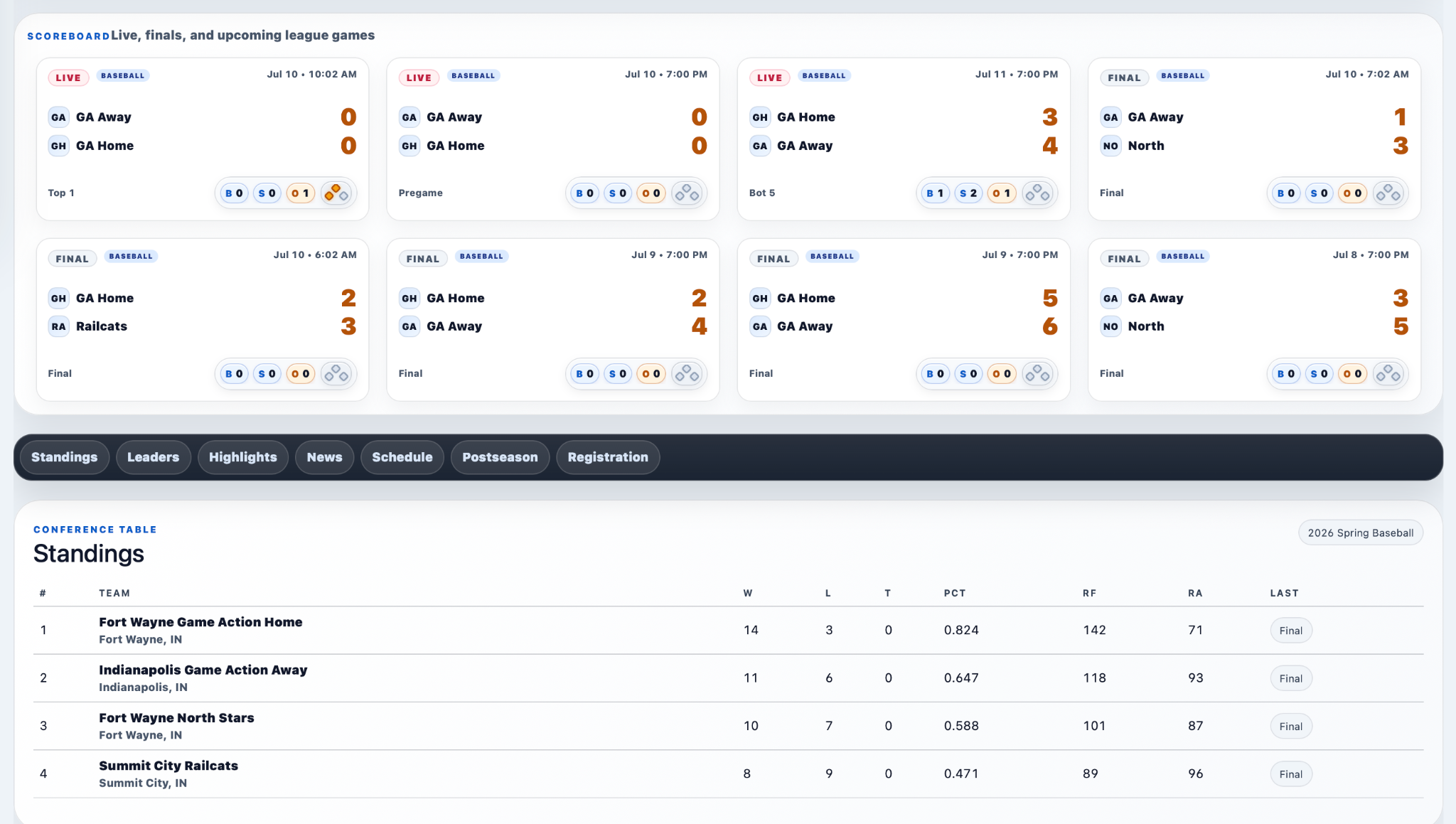 A league page with live games and the season menu in one place