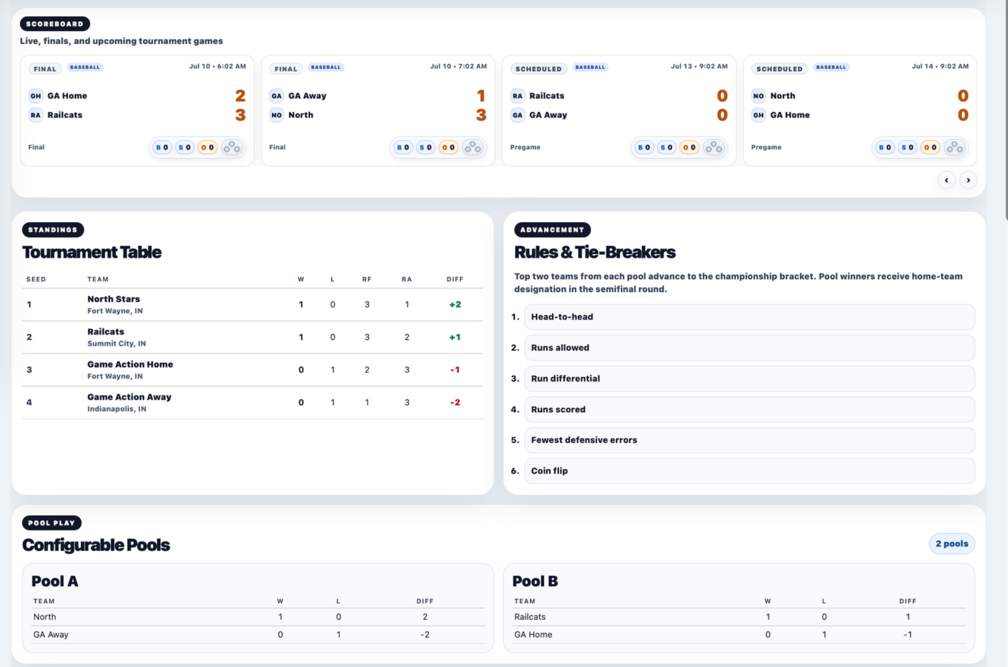 Live games, standings, tie-breakers, and pools in one destination